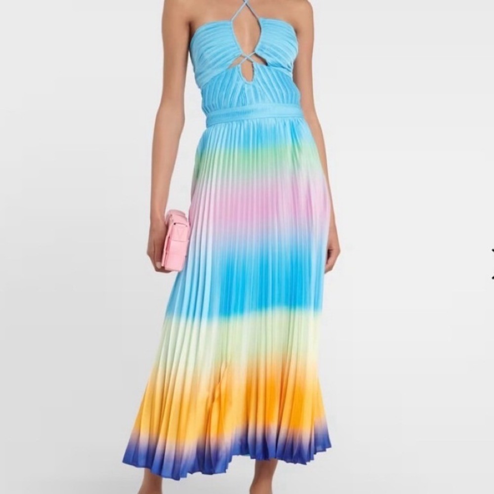 Jonathan Simkhai Annita Pleated Rainbow Ombre Midi Dress Blue Multi Halter Sz 4